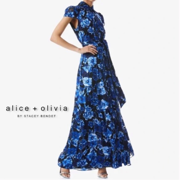 ALICE + OLIVIA WOMENS MIRANDA SHORT SLEEVE MAXI DRESS BUTTON DOWN BLACK FLORAL - Picture 2 of 13